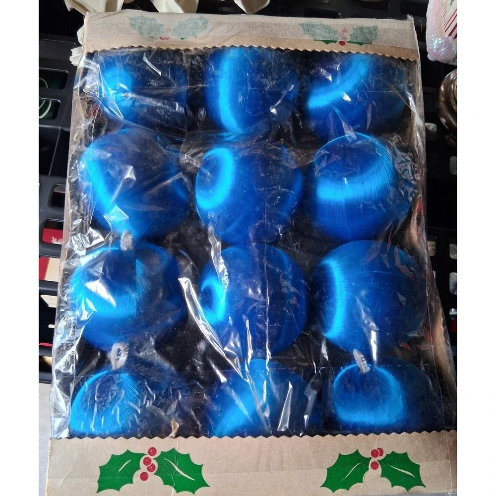 Vintage Satin-Sheen Blue Satin Christmas Ornaments Original Box MCM